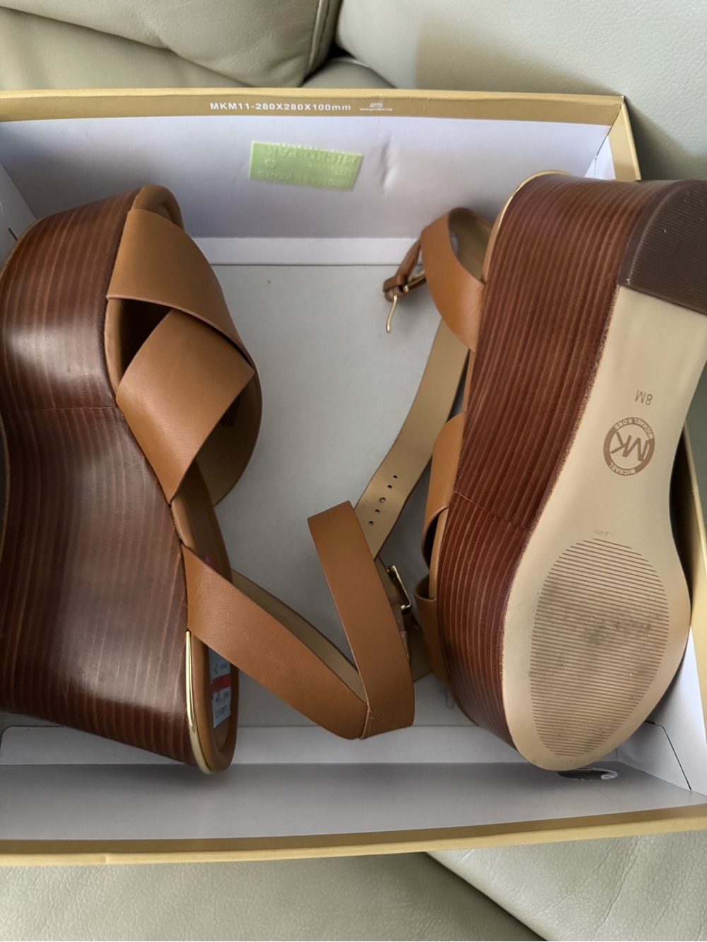 Michael Kors Tan Leather Platform Wedge Sandals - Picture 3 of 4